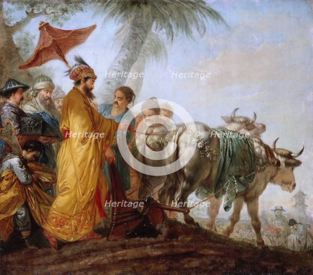 The Emperor of China with a plough. (The Chinese Emperor ploughs the first furrow to honour agricult Artist: Rode, Christian Bernhard (1725-1797)