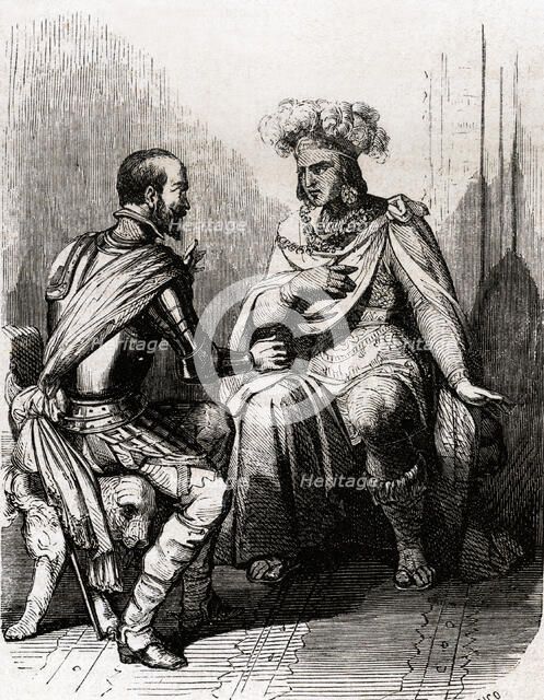 The Emperor of Mexico Moctezuma offers to Hernán Cortés his empire for the king of Spain, engravi…