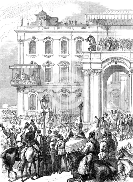The Emperor of Russia bowing to the people from the Soltykoff Balcony of the Winter Palace, 1880. Creator: Unknown.