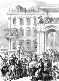 The Emperor of Russia bowing to the people from the Soltykoff Balcony of the Winter Palace, 1880. Creator: Unknown