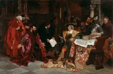 The Emperor Maximilian receives the Venetian Ambassadors in Verona 1879. Creator: Becker, Carl Ludwig Friedrich (1820-1900)