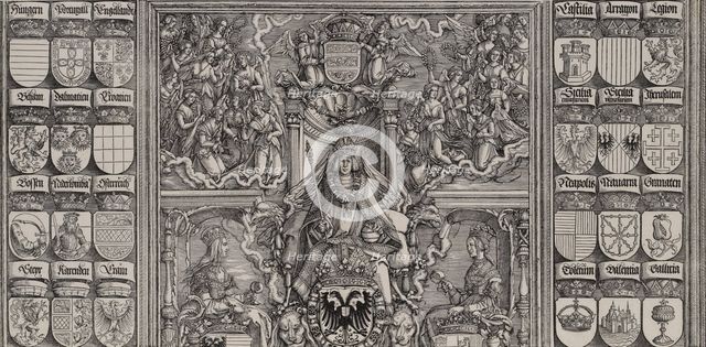 The Emperor Seated on His Throne, Seated Between Joanna of Castile and Mary of Burgundy, A..., 1515. Creator: Hans Springinklee.