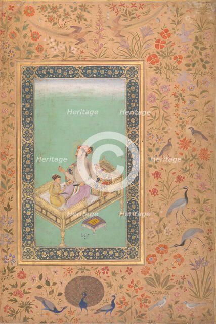 The Emperor Shah Jahan with his Son Dara Shikoh, Folio from the Shah Jahan Album, verso: ca.1620. Creators: Mir 'Ali Haravi, Nanha.