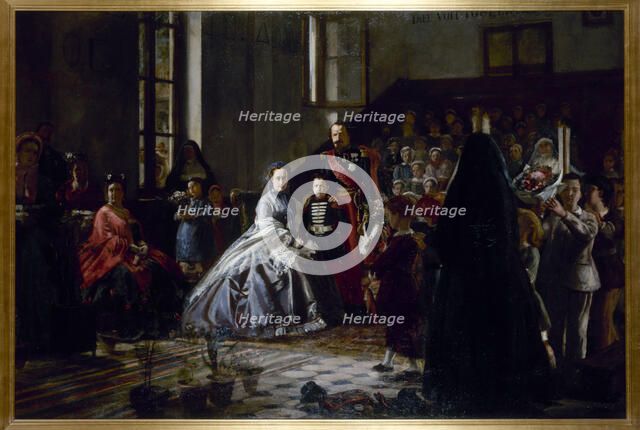 The Emperor, the Empress and the Imperial Prince visiting an orphanage in Fontainebleau, c1867. Creator: Auguste Victor Pluyette.