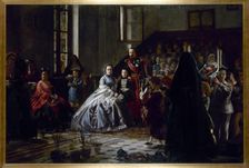 The Emperor, the Empress and the Imperial Prince visiting an orphanage in Fontainebleau, c1867. Creator: Auguste Victor Pluyette