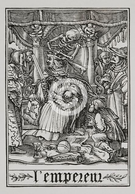 The Emperor visited by Death from "The Dance of Death", 1538, (1877).  Creator: Unknown.