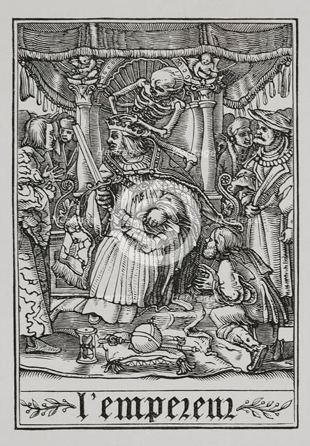The Emperor visited by Death from "The Dance of Death", 1538, (1877).  Creator: Unknown.