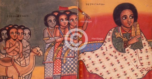 The Emperor Yekuno Amlac of Ethiopia with slaves and Muslim ambassadors, after 1270. Creator: Unknown.