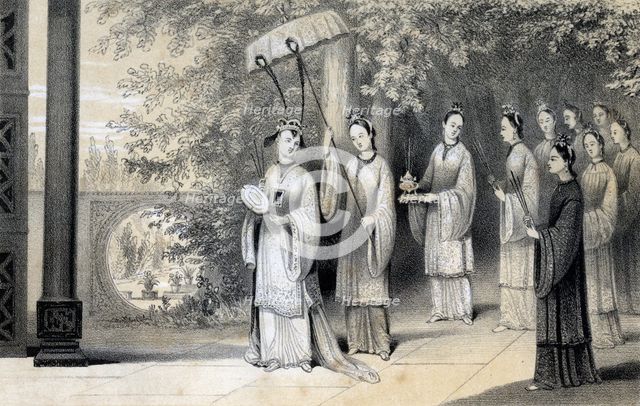 'The empress and her attendants proceeding to the temple from the mulberry grove', 1847.Artist: JW Giles