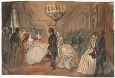 The Empress Eugenie Receiving the Diplomatic Corps after the Birth of the Imperial Prince, 1800s. Creator: Constantin Guys (French, 1805-1892)