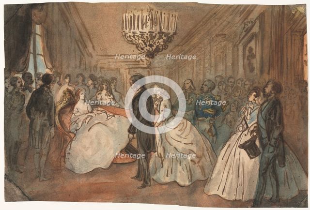 The Empress Eugenie Receiving the Diplomatic Corps after the Birth of the Imperial Prince, 1800s. Creator: Constantin Guys (French, 1805-1892).