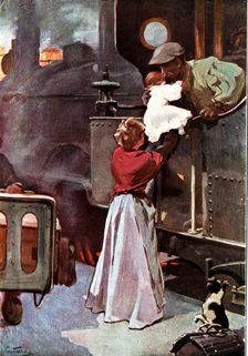 The engineer's goodbye in the train station of Madrid, drawing by Vicente Cutanda