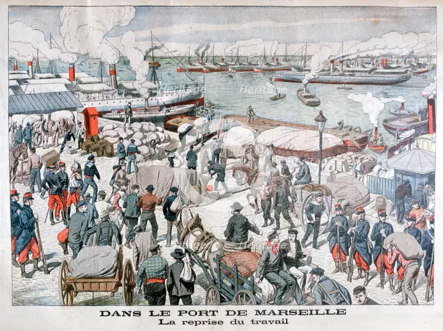 The end of the strike by dock workers at the port of Marseilles, France, 1904. Artist: Unknown