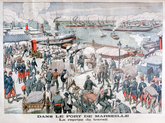 The end of the strike by dock workers at the port of Marseilles, France, 1904. Artist: Unknown