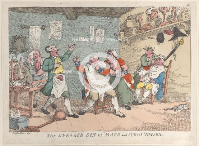 The Enraged Son of Mars and Timid Tonsor, April 20, 1811., April 20, 1811. Creator: Thomas Rowlandson.