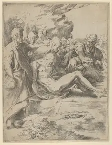 The Entombment; Christ with legs outstretched, the Virgin at right, 1590-1600. Creator: Guido Reni