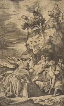 The entombment of Christ, the crosses on Calvary visble in left background, 1563. Creator: Giulio Bonasone
