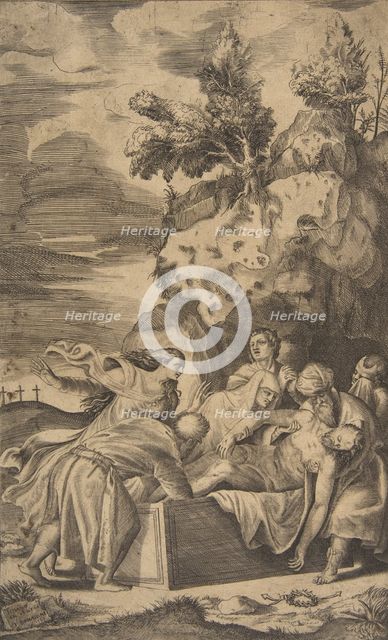 The entombment of Christ, the crosses on Calvary visble in left background, 1563. Creator: Giulio Bonasone.