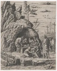 The Entombment of Christ who is being lowered by two men into a stone tomb before..., ca. 1470-1500. Creator: Giovanni Antonio da Brescia