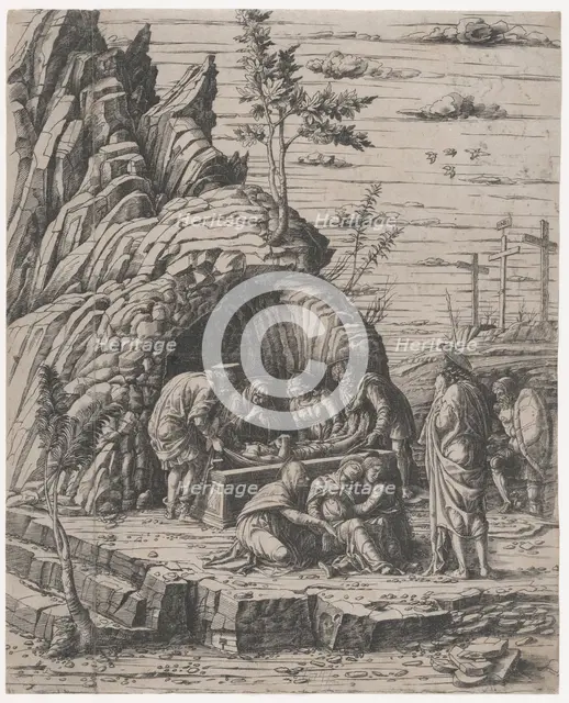 The Entombment of Christ who is being lowered by two men into a stone tomb before..., ca. 1470-1500. Creator: Giovanni Antonio da Brescia.