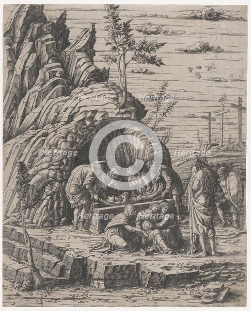 The Entombment of Christ who is being lowered by two men into a stone tomb before..., ca. 1470-1500. Creator: Giovanni Antonio da Brescia.
