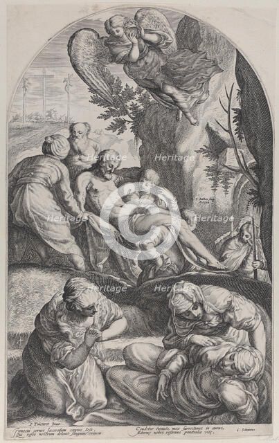 The Entombment, with Christ's body carried on a sheet at center, the three Maries in the f..., 1594. Creator: Jacob Matham.