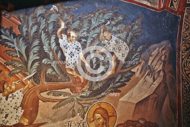 The Entry of Christ into Jerusalem. Detail: Children cutting palm tree branches, 14th century. Artist: Master Gerasime (active 14th century)