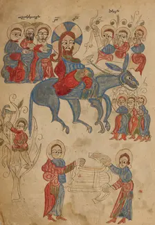 The Entry into Jerusalem; Gospel Book, 1386. Creator: Unknown
