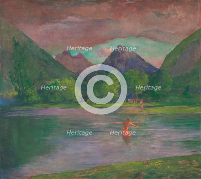 The Entrance to the Tautira River, Tahiti. Fisherman Spearing a Fish, c. 1895. Creator: John La Farge.