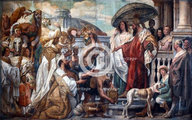 The envoys of the Caliph Harun al-Rashid offering a clock to Charlemagne, 1660. Artist: Jordaens, Jacob (1593-1678)