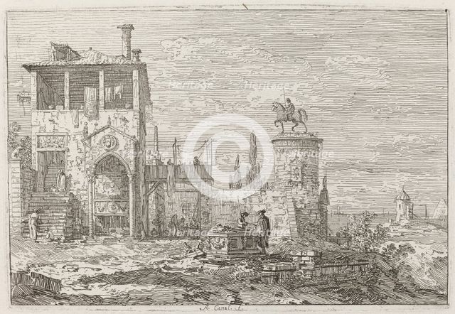 The Equestrian Monument [upper right], c. 1735/1746. Creator: Canaletto.