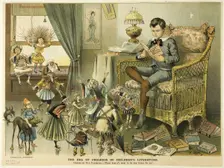 The Era of Progress in Children's Literature, from Puck, c. 1886. Creator: Frederick Burr Opper