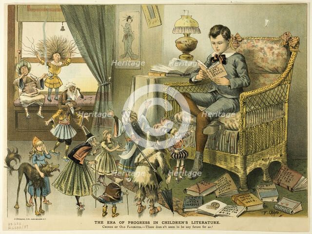 The Era of Progress in Children's Literature, from Puck, c. 1886. Creator: Frederick Burr Opper.