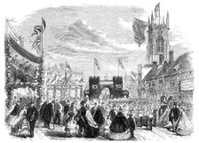 The Essex Agricultural Society's Show at Halstead: triumphal arch near the old church, 1862. Creator: Unknown