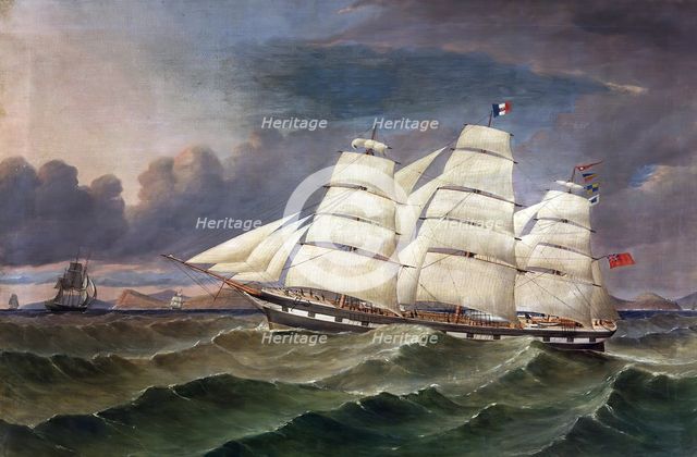 The Full rigged ship "Caribou" off the Otago Coast, Taieri Head on starboard quarter,  c1867. Creator: Thomas Robertson.