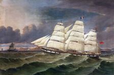 The Full rigged ship "Caribou" off the Otago Coast, Taieri Head on starboard quarter, c1867. Creator: Thomas Robertson