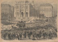 The funeral of Gioacchino Rossini. The funeral procession leaves the church, 1868. Creator: Blanchard, Henri Pierre Léon Pharamond (1805-1873)