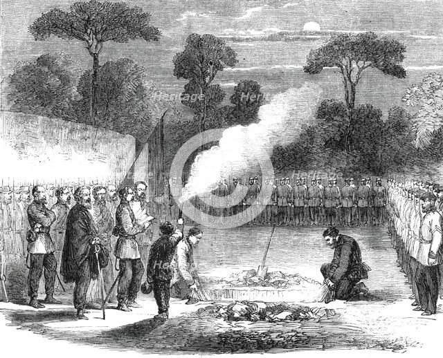 The funeral of Ensign Tucker of the British Legion, at the advanced posts before Capua..., 1860. Creator: Unknown.