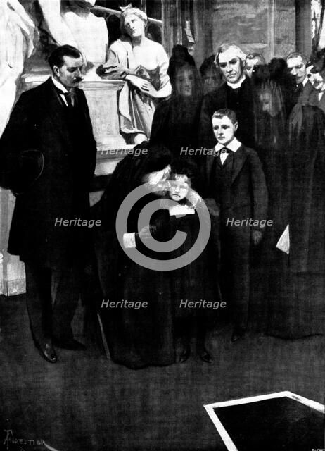 The Funeral of Mr. Gladstone: Mrs. Gladstone kissing Dorothy Drew at the graveside, 1898. Creator: Unknown.