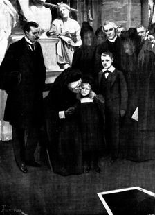 The Funeral of Mr. Gladstone: Mrs. Gladstone kissing Dorothy Drew at the graveside, 1898. Creator: Unknown