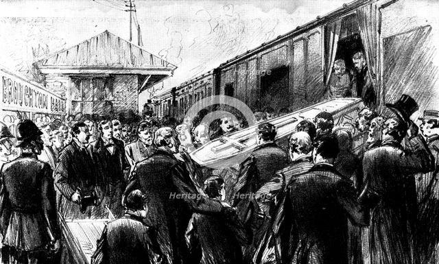 The Funeral of Mr. Gladstone: placing the body in the train at Broughton Hall Station, 1898. Creator: Unknown.