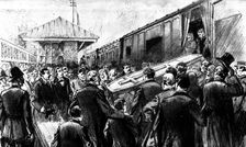 The Funeral of Mr. Gladstone: placing the body in the train at Broughton Hall Station, 1898. Creator: Unknown