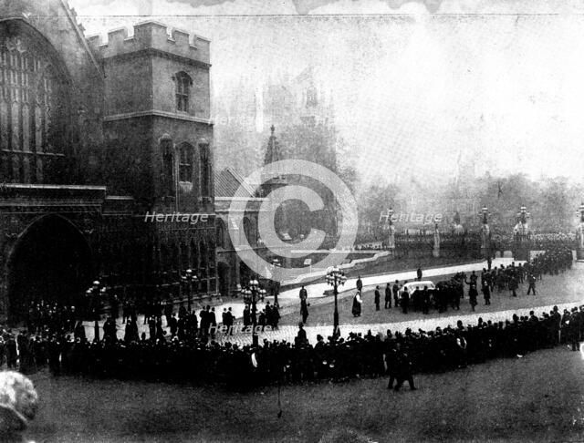 The Funeral of Mr. Gladstone: the funeral cortege leaving Westminster Hall, 1898. Creator: Russell & Sons.