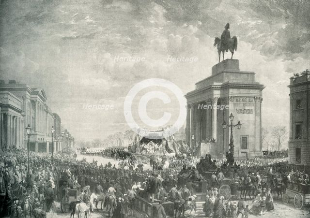 'The Funeral of the Duke of Wellington Passing Apsley House, November 18, 1852', (c1897). Artist: E&S Woodbury.