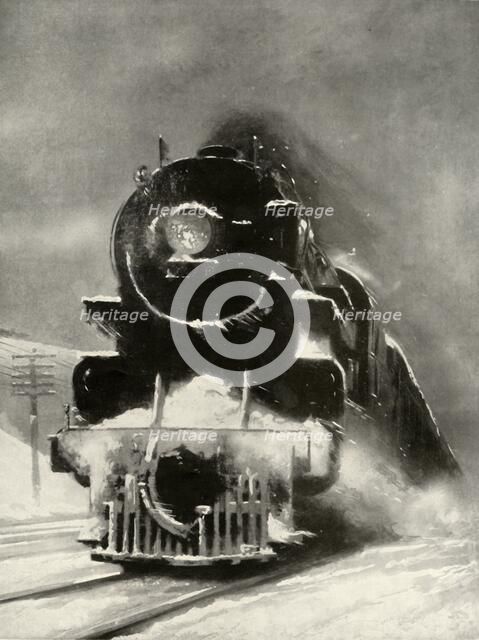'The fury of the blizzard makes no impression on this mammoth locomotiv', 1935. Creator: Unknown.