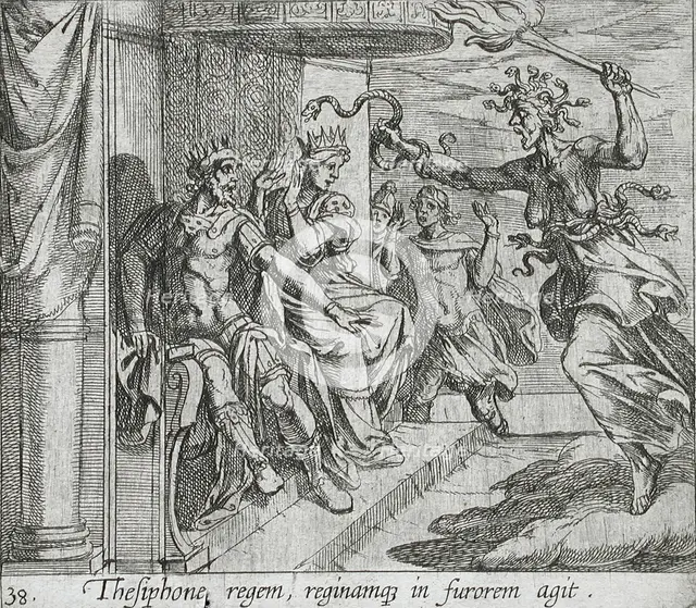 The Fury Tisiphone at the Palace of Athamas, published 1606. Creators: Antonio Tempesta, Wilhelm Janson.