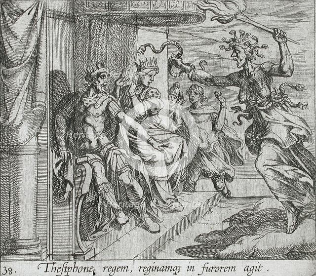 The Fury Tisiphone at the Palace of Athamas, published 1606. Creators: Antonio Tempesta, Wilhelm Janson.