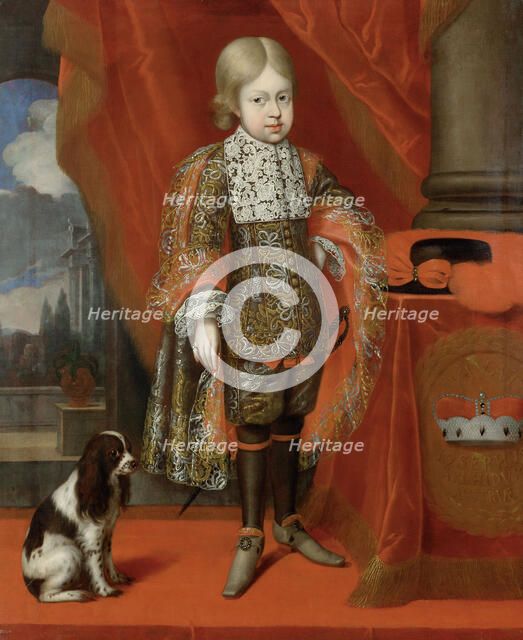 The future emperor Joseph I (1678-1711) at the age of six with a dog, 1684, 1684. Artist: Block, Benjamin von (1631-1690)