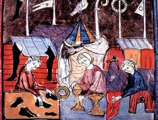 The fair of Saint-Denis in Paris, Miniature in Grandes Chroniques de France illuminated manusc…