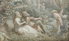 The fairy queen Titania crowns the donkey-headed Nick Bottom sitting next to her, c1883. Creator: Leopold Bode